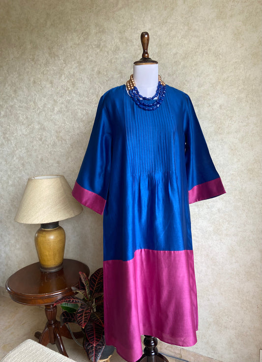 Blue and Green Colour Block dress in Chanderi