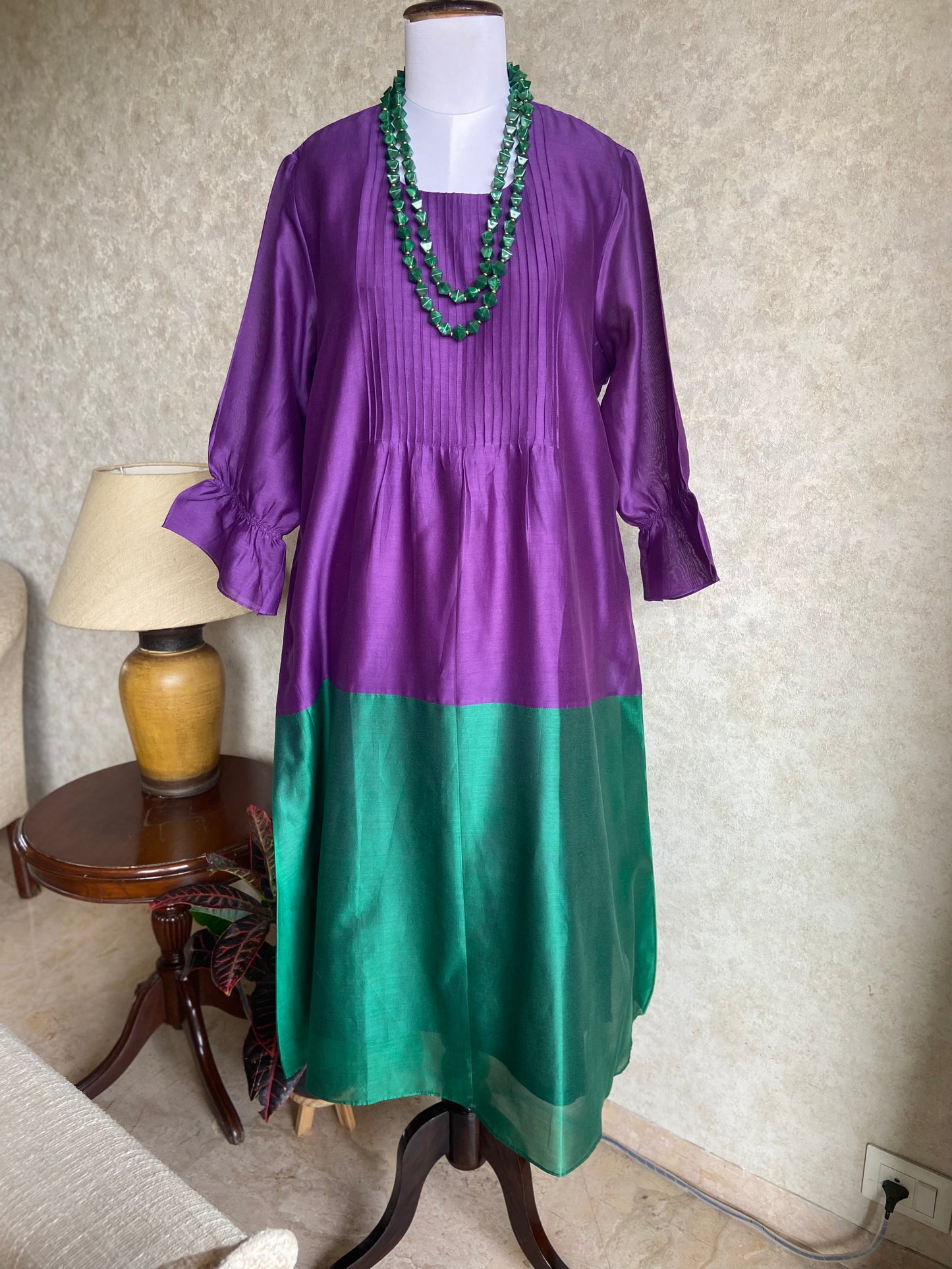 Blue and Green Colour Block dress in Chanderi