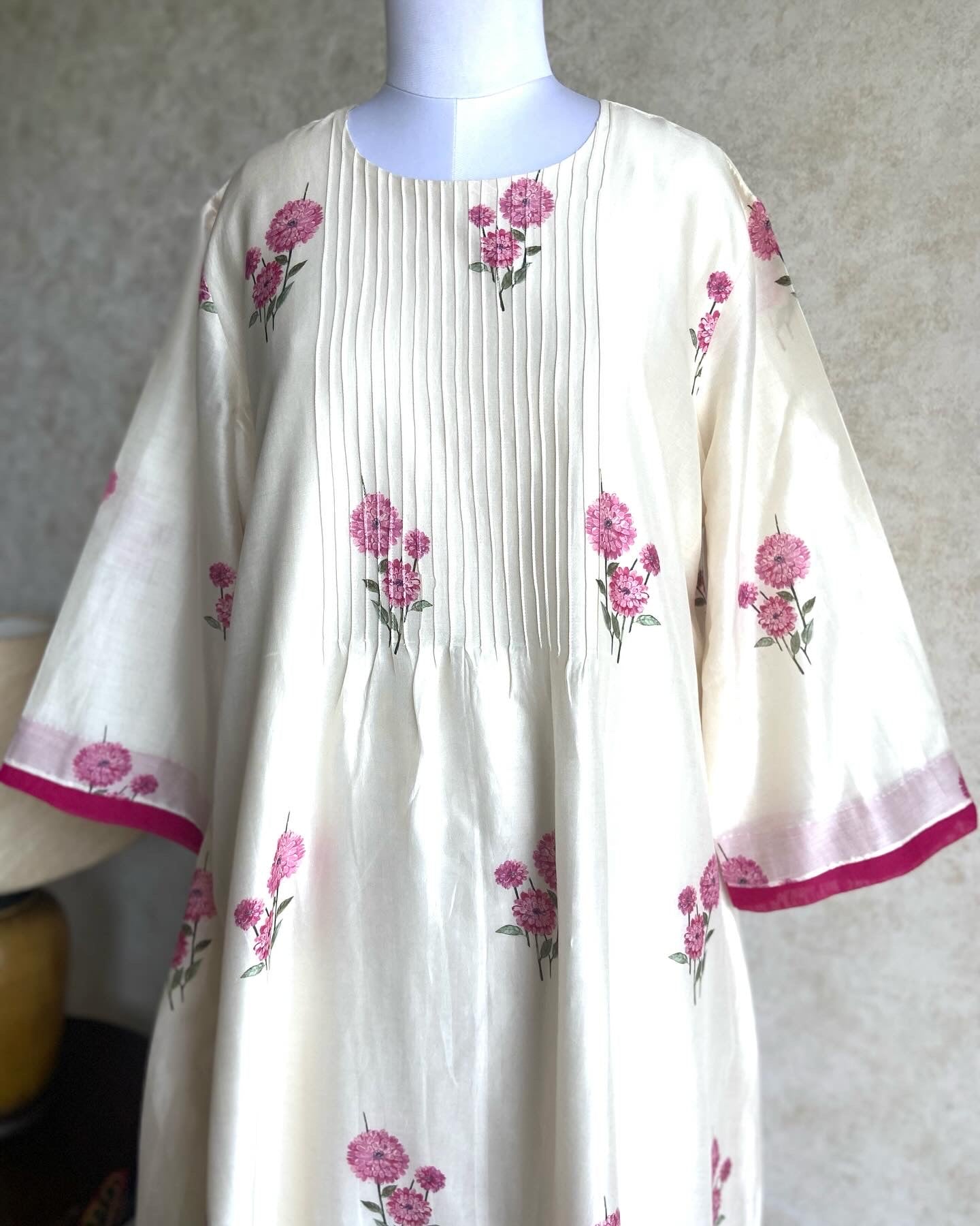 Cream Coloured Chanderi Dress with Pink Flowers