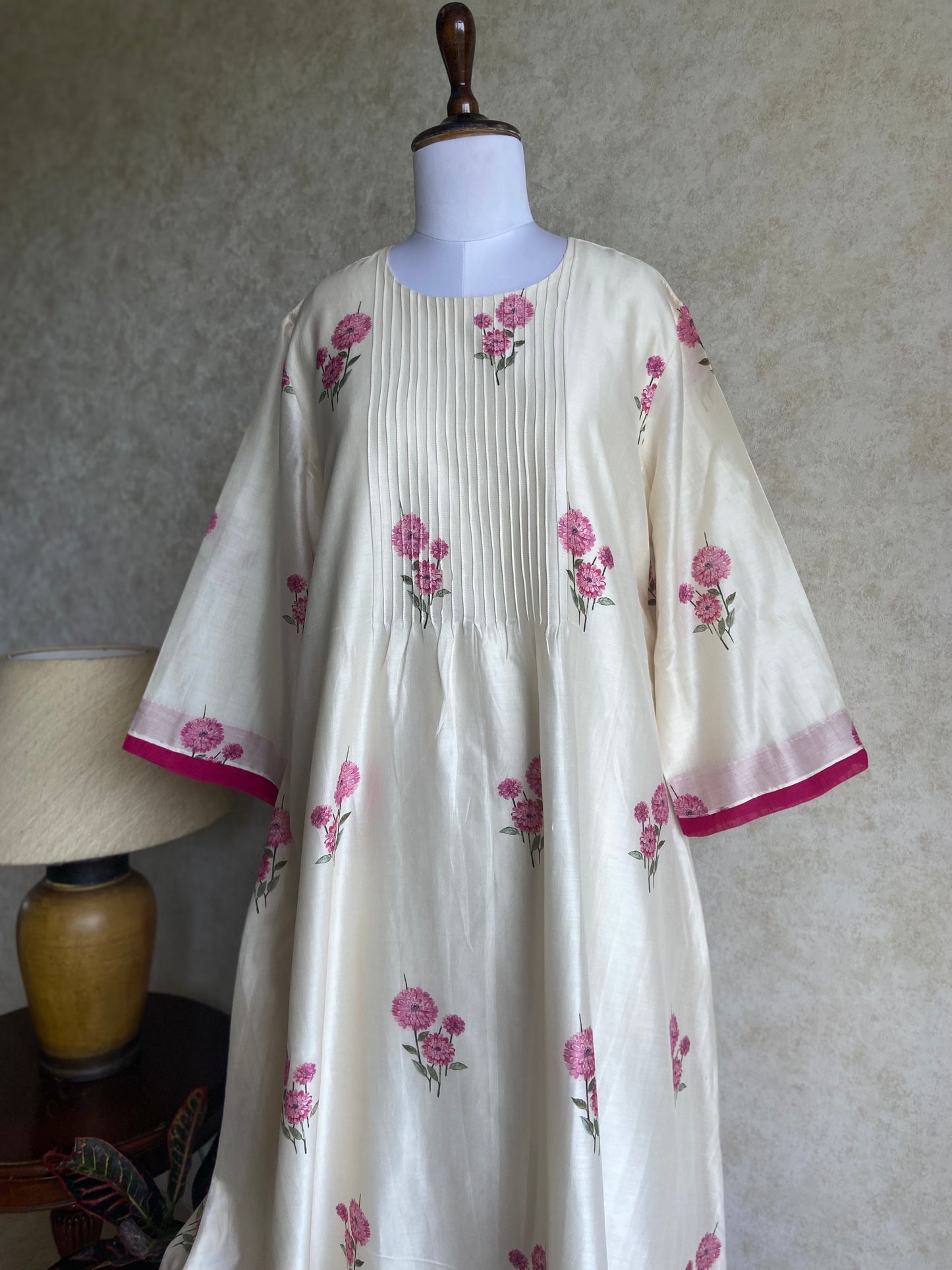 Cream Coloured Chanderi Dress with Pink Flowers