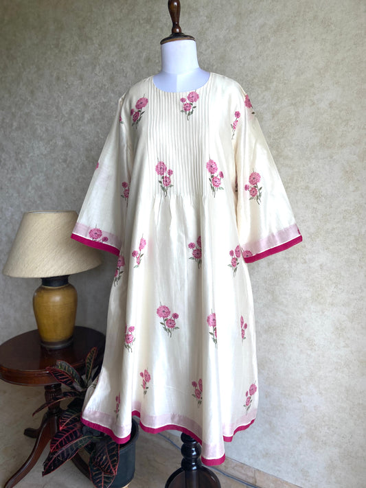 Cream Coloured Chanderi Dress with Pink Flowers