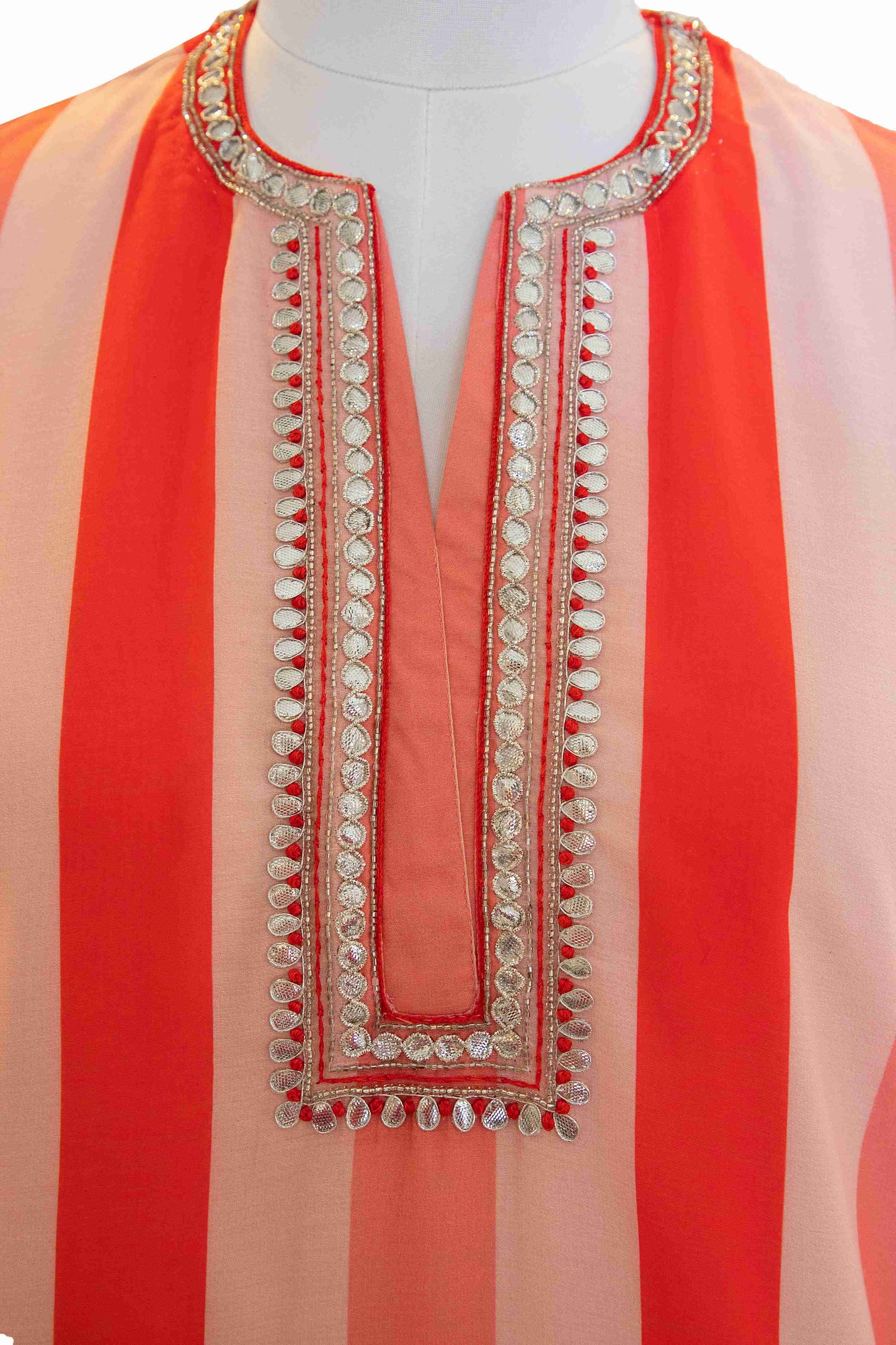 Red and White Striped Muslin Kurta with Gota Patti Work