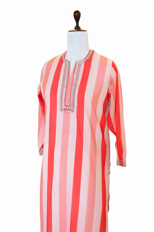 Red and White Striped Muslin Kurta with Gota Patti Work